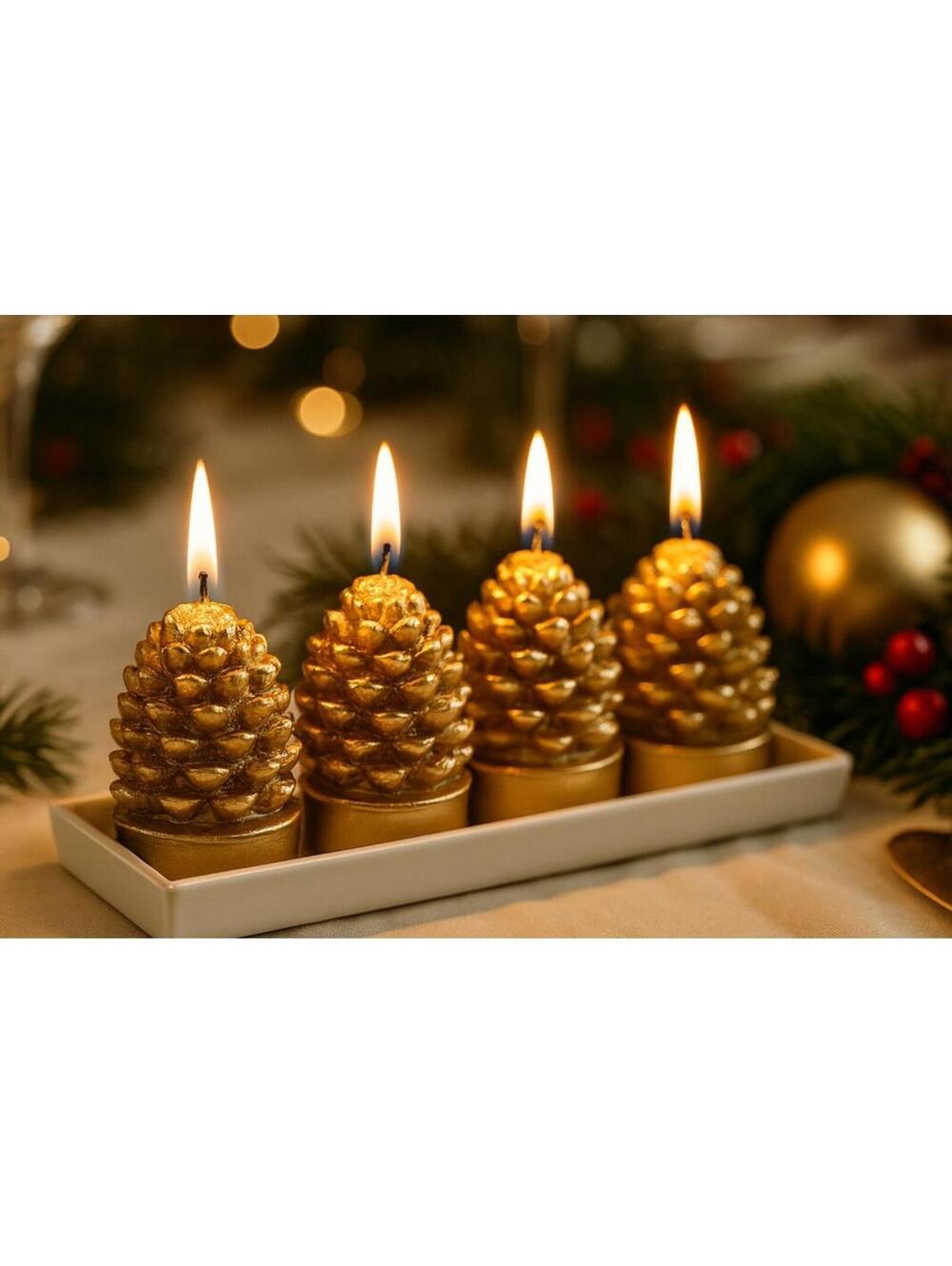 Set of 4 Gold Pinecone Candles in Tray – Holiday Table Décor